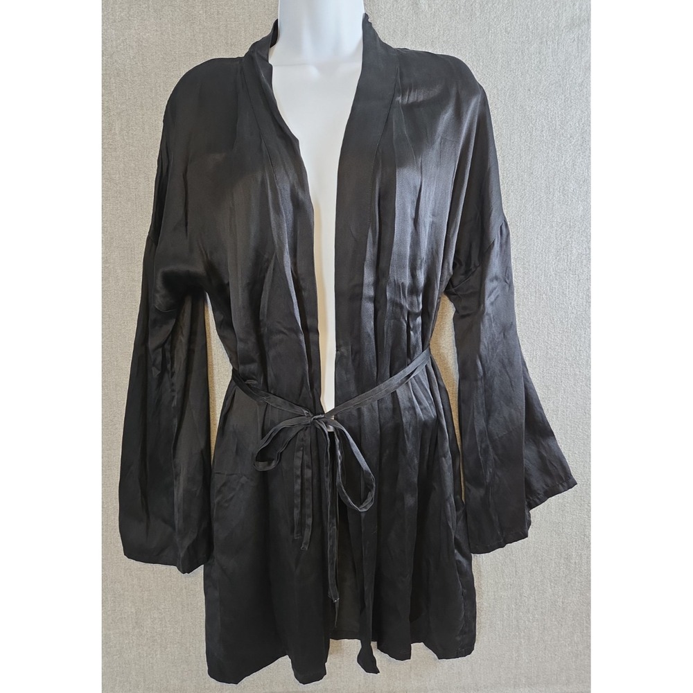 Victorias Secret Satin Short Robe S Black Belted Pockets Lounge Wear Whimsigoth